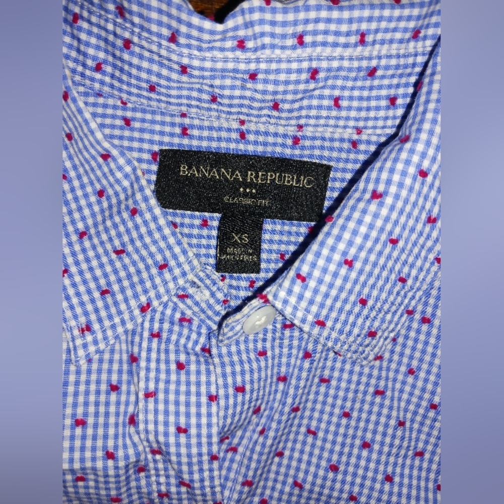 Banana Republic Blue Gingham Red Dot Classic Fit Shirt, Sz XS Cotton